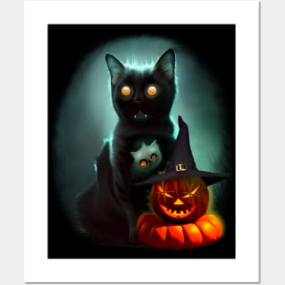 Vampire Cat and Wizard Pumpkin Halloween Surreal Art Posters and Art